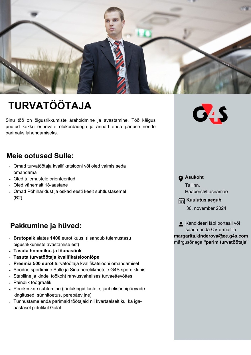 AS G4S Eesti Turvatöötaja (töötasu alates 1400 €/bruto)