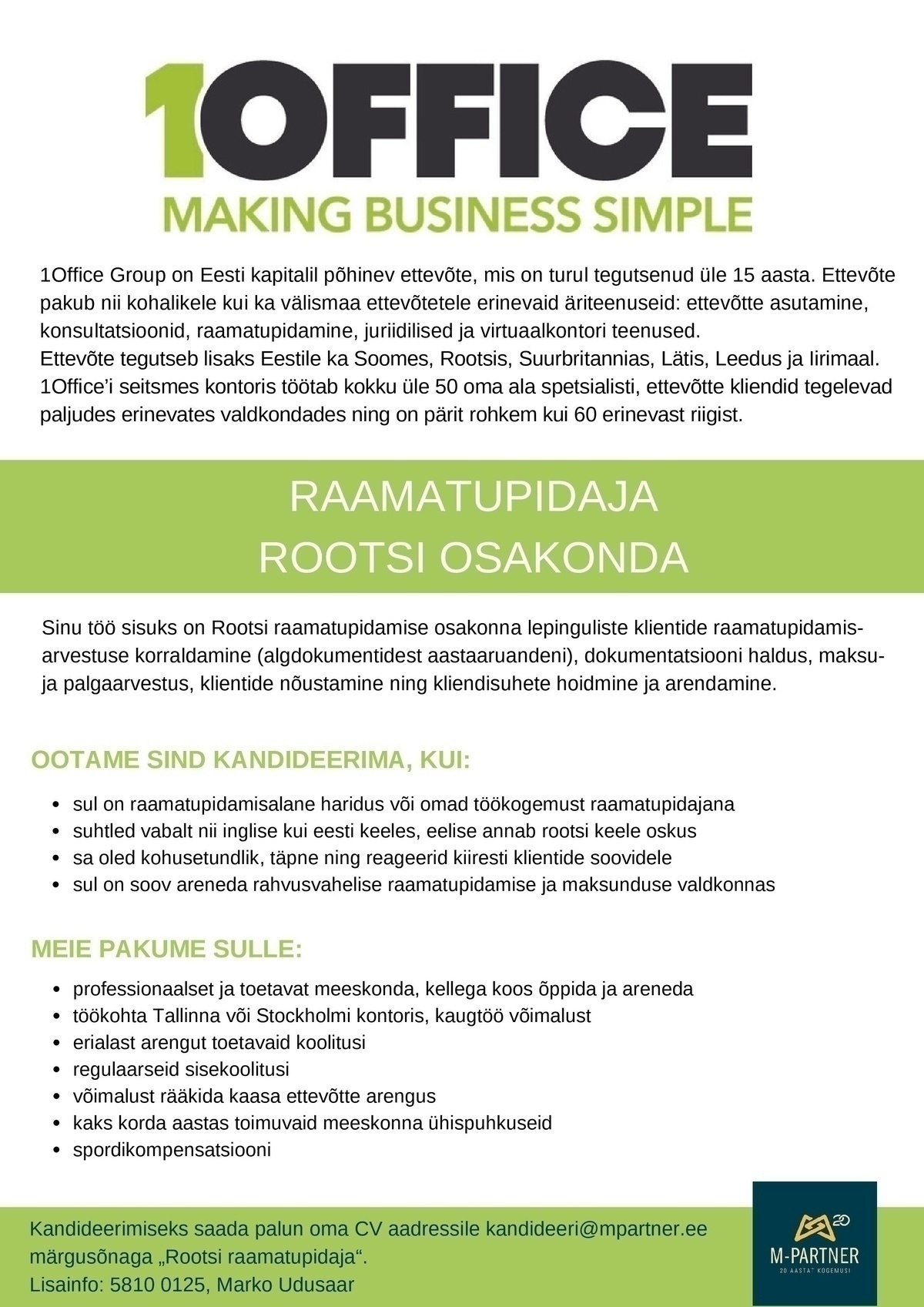 M-Partner HR OÜ Rootsi osakonna raamatupidaja