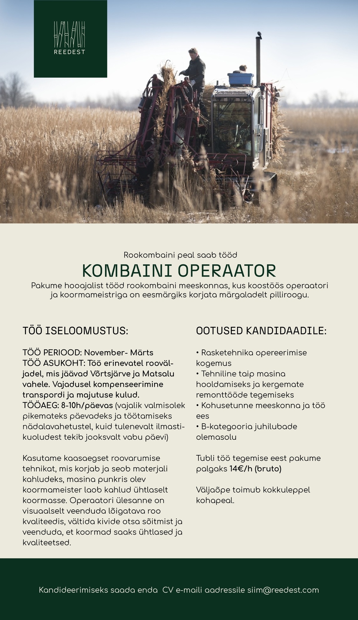 Reed Straw OÜ Kombaini operaator