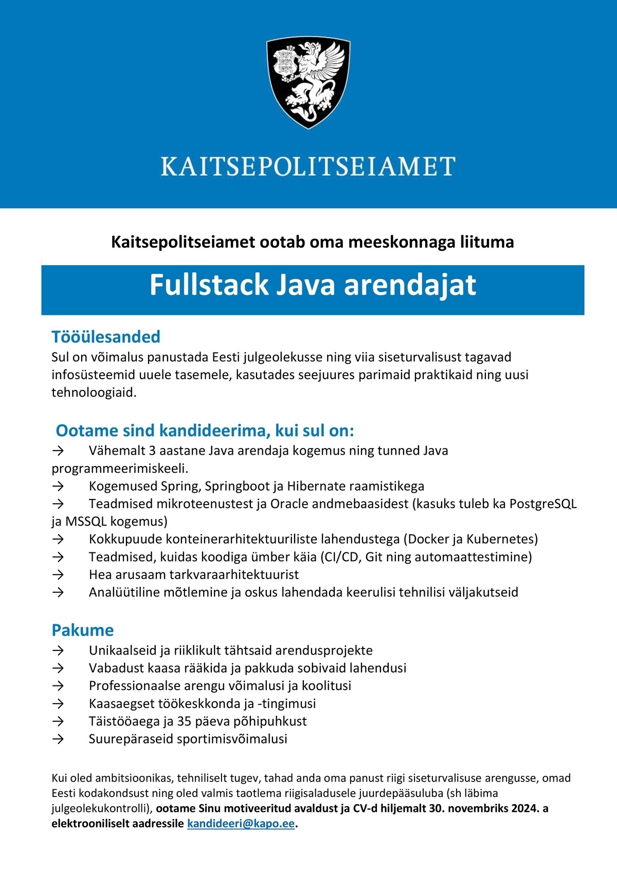 Kaitsepolitseiamet Java Fullstack arendaja