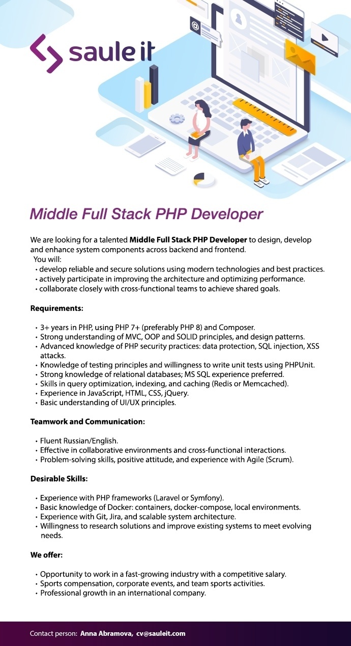 SAULE IT SERVICES OÜ Middle Full Stack PHP Developer