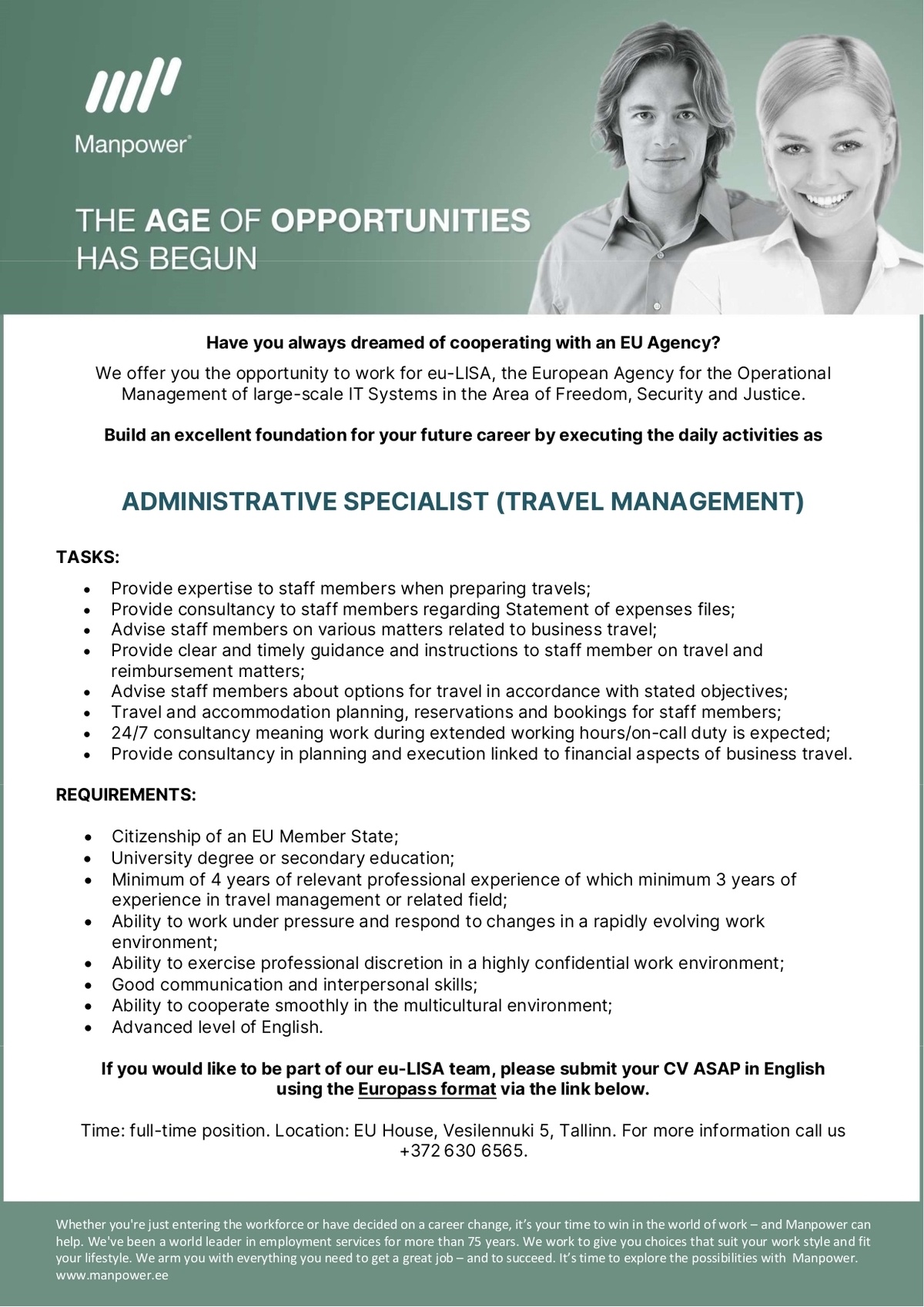 Manpower OÜ ADMINISTRATIVE SPECIALIST (TRAVEL MANAGEMENT)