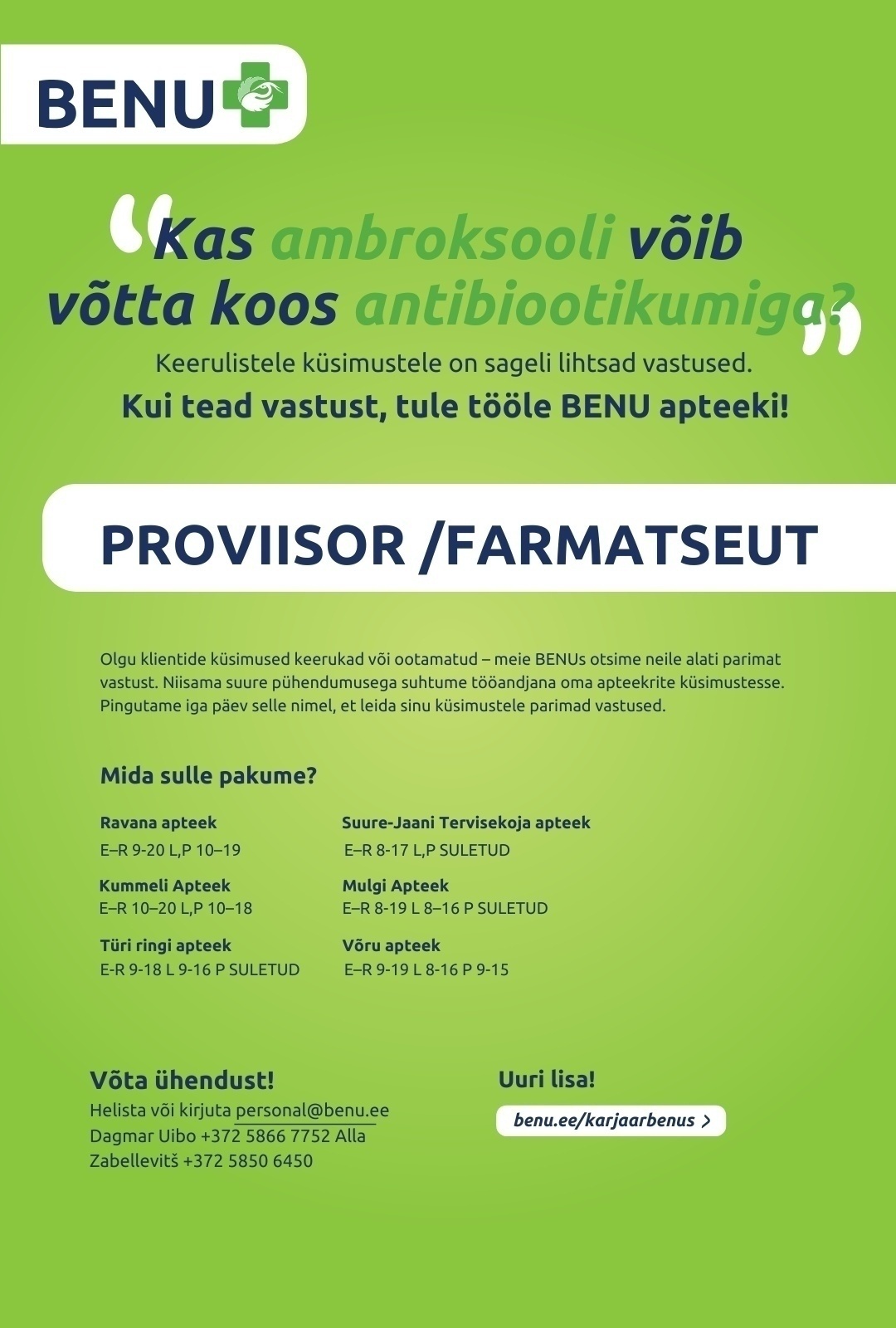 BENU Farmatseut/proviisor Lõuna- ja Kesk-Eesti