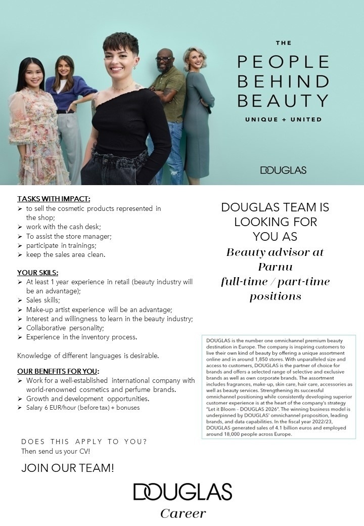 DOUGLAS ESTONIA OÜ Beauty advisor (part-time/full-time/temporary positions)