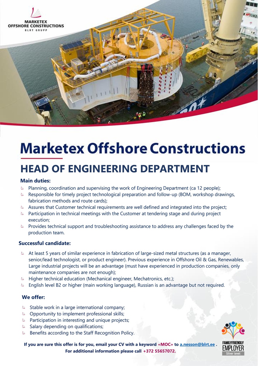 Marketex Offshore Constructions Head of engineering department