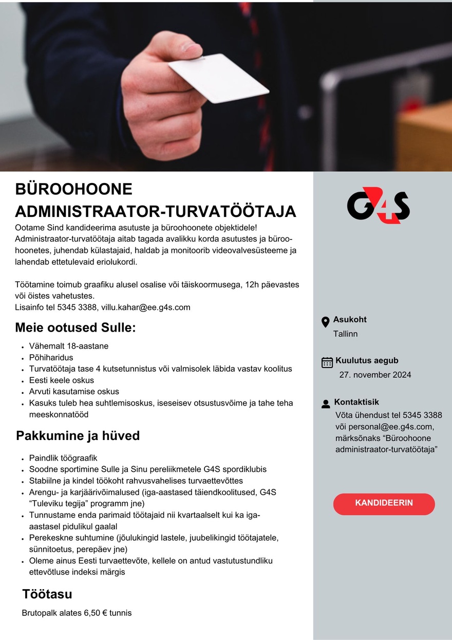 AS G4S Eesti Büroohoone administraator-turvatöötaja