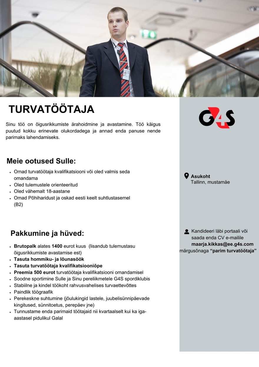 AS G4S Eesti Turvatöötaja Mustamäel (töötasu alates 1400 € bruto)