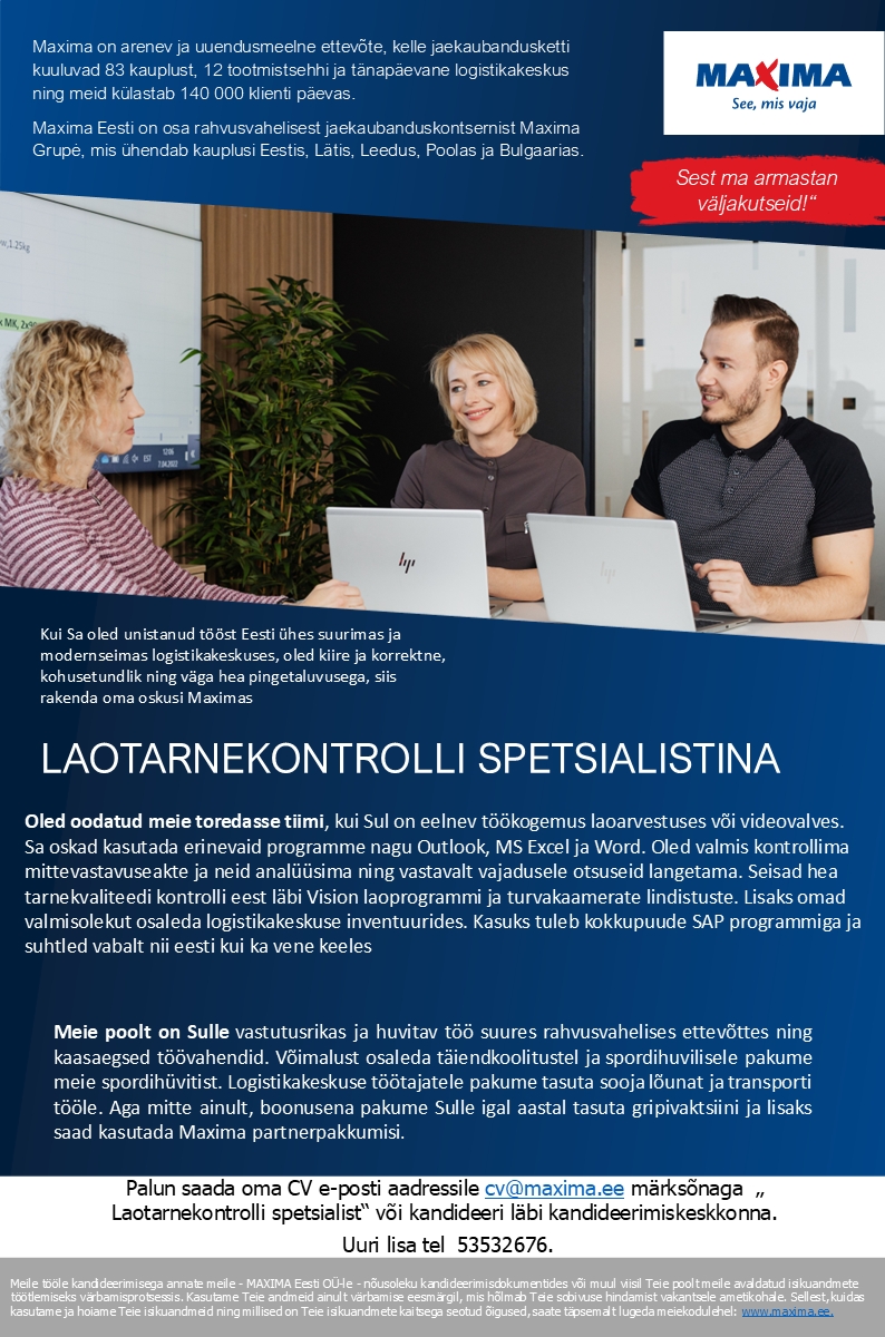 Maxima Eesti OÜ Laotarnekontrolli spetsialist