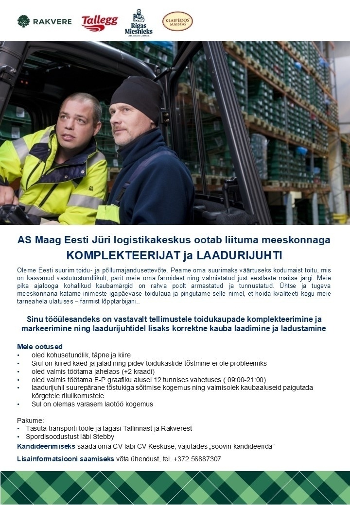 Maag Eesti AS Komplekteerija ja laadurijuht Jüri logistikakeskusesse