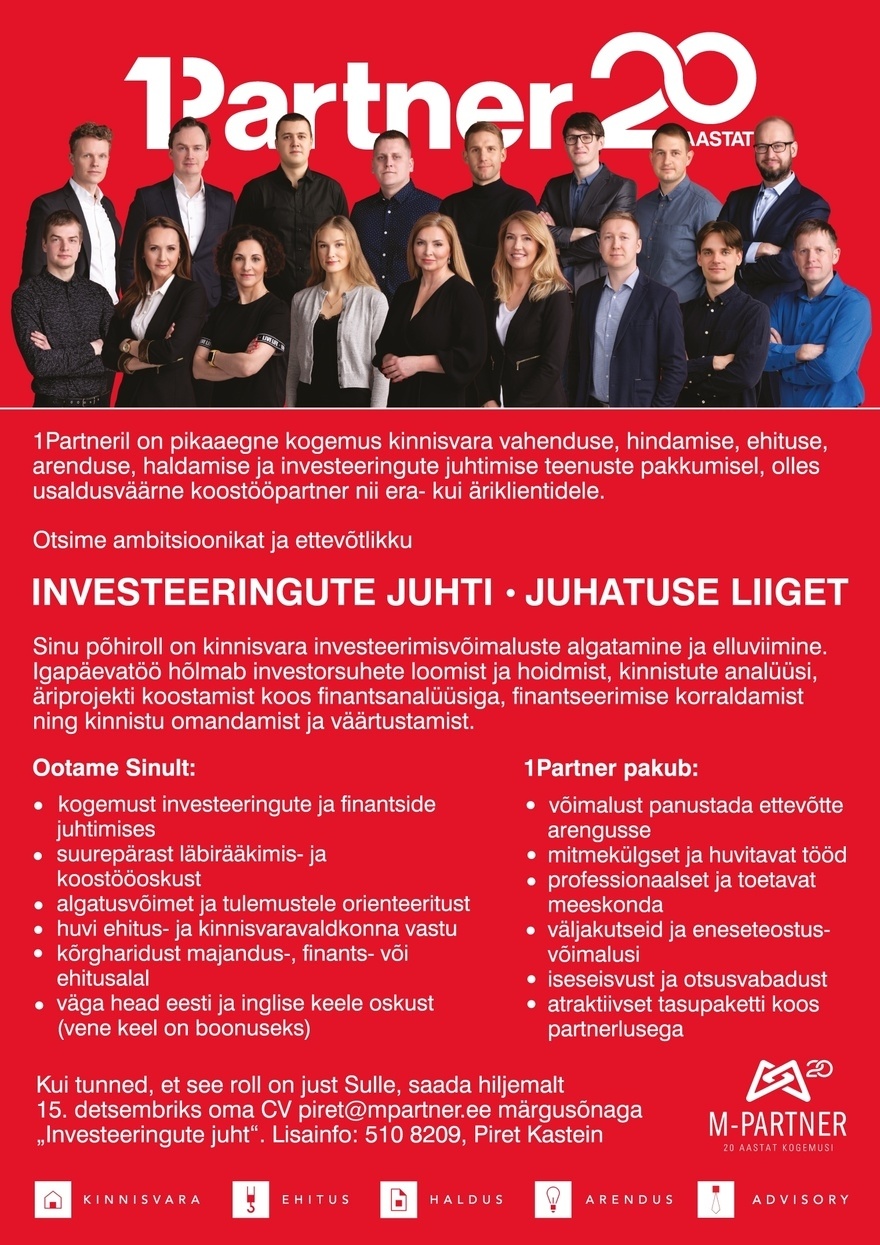 M-Partner HR OÜ 1Partner investeeringute juht - juhatuse liige