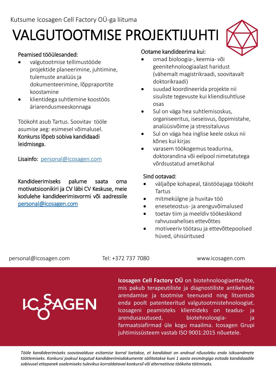 Icosagen Cell Factory OÜ Valgutootmise projektijuht