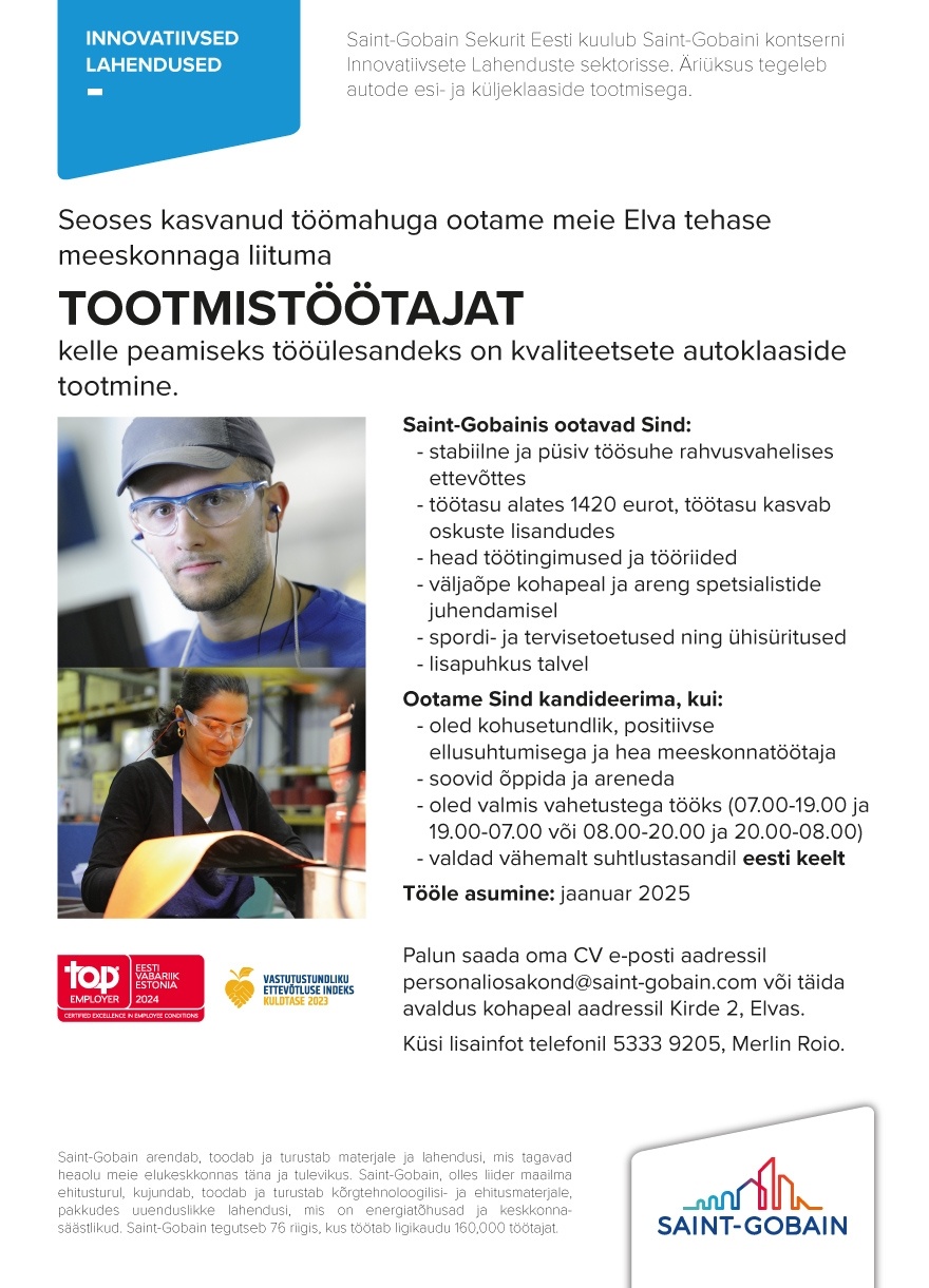 SAINT-GOBAIN GLASS ESTONIA SE Tootmistöötaja (Elvas)