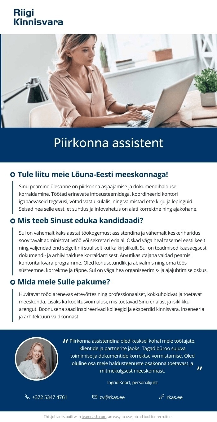 Riigi Kinnisvara AS Piirkonna assistent