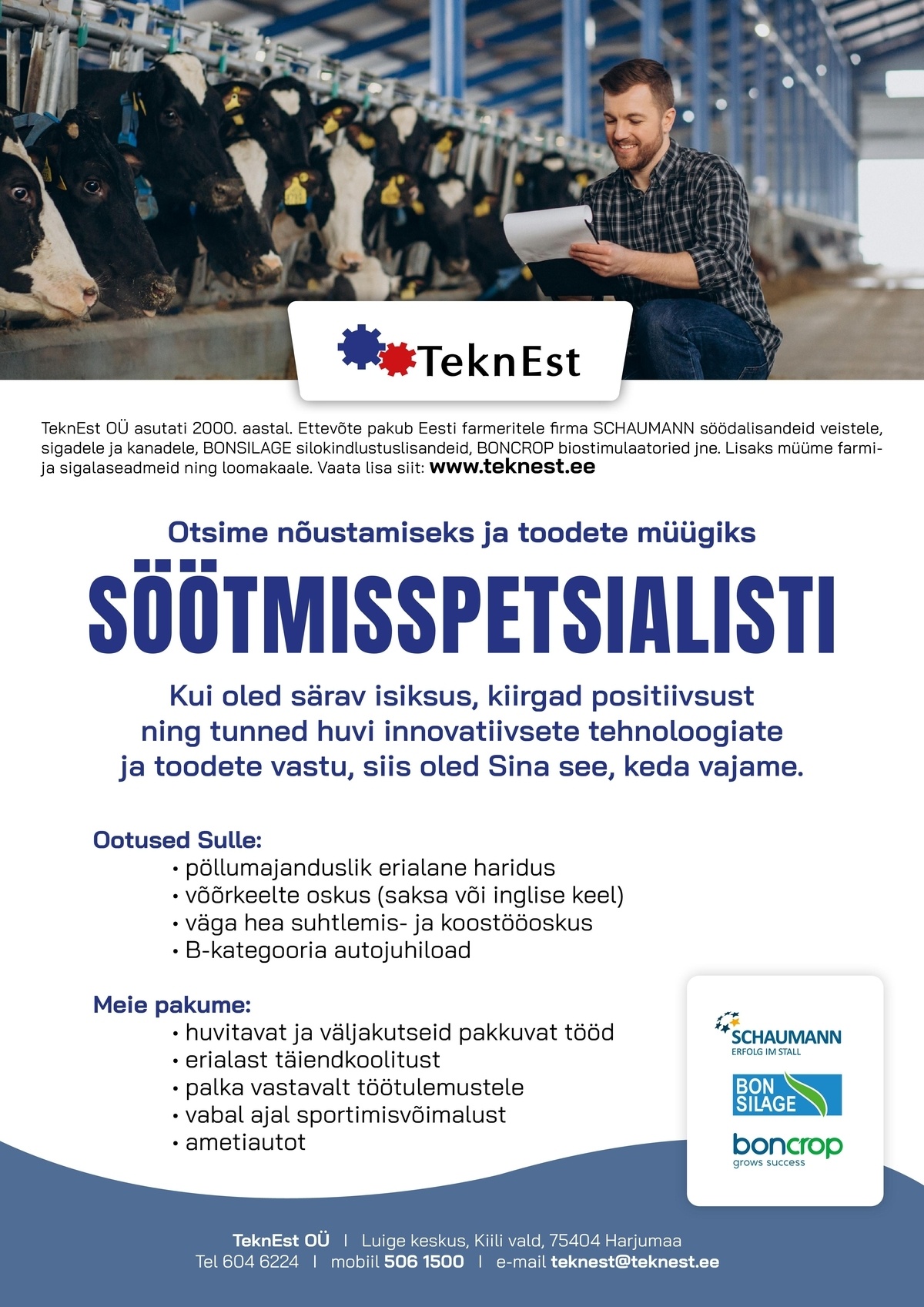 TEKNEST OÜ Söödalisandite müügiesindaja / söötmisspetsialist