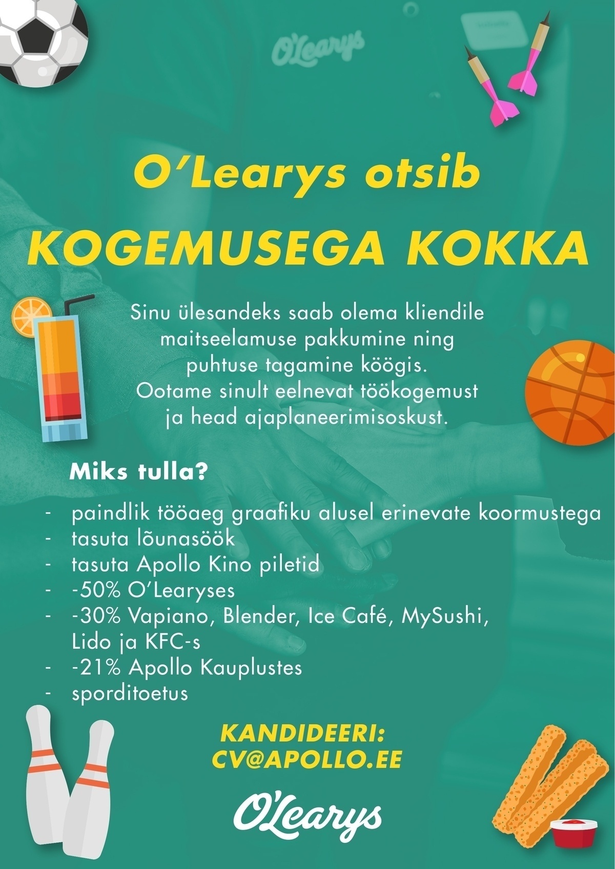 APL Restoranid OÜ Kogemusega kokk, O'Learys Eeden ootab Sind! (osalise koormusega)