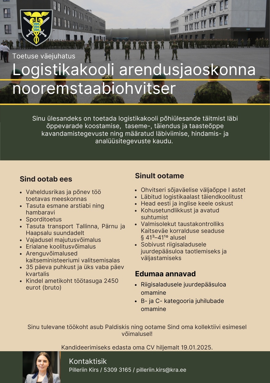 Toetuse väejuhatus Logistikakooli arendusjaoskonna nooremstaabiohvitser