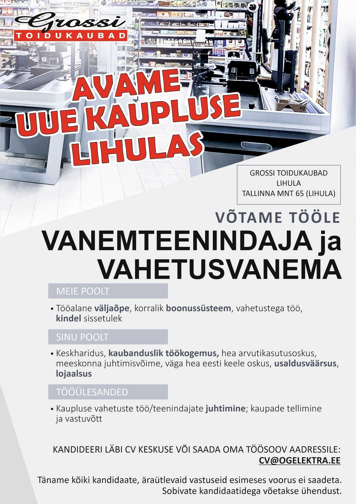 OG Elektra AS Vanemteenindaja ja vahetusvanem (UUS kauplus Lihulas)