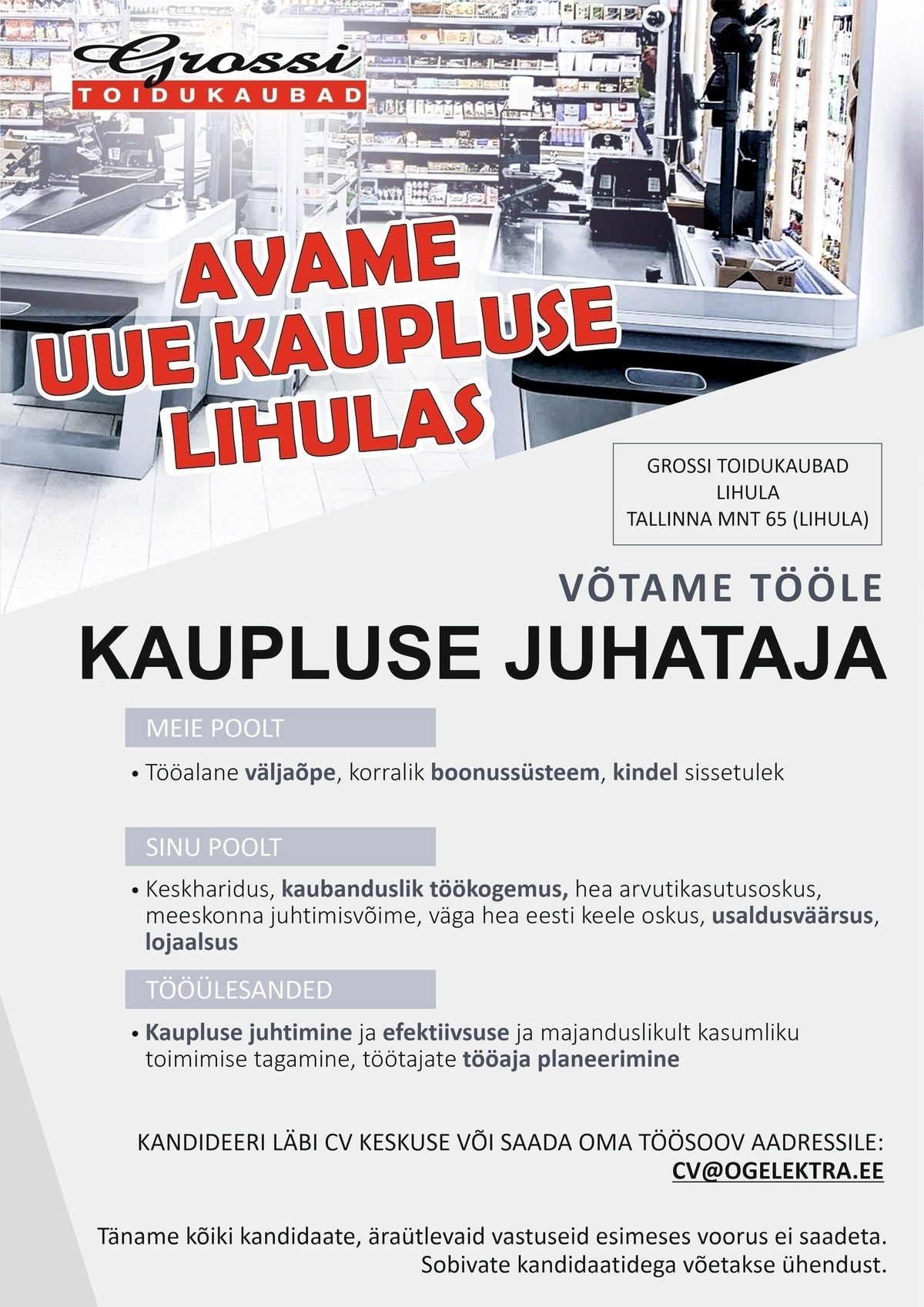 OG Elektra AS Kaupluse juhataja (UUS kauplus Lihulas)