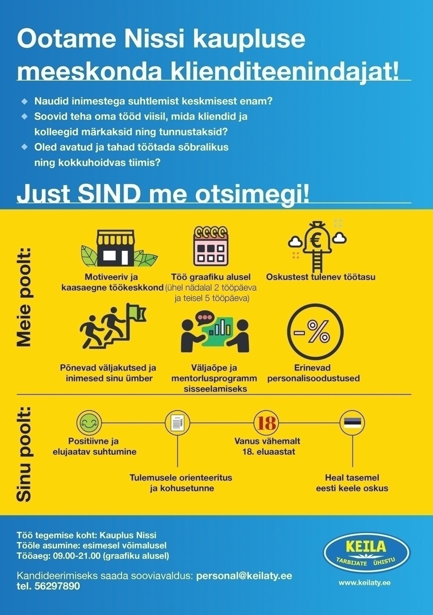 Keila Tarbijate Ühistu Klienditeenindaja Nissi kauplusesse! Tööta sulle sobiva koormusega!