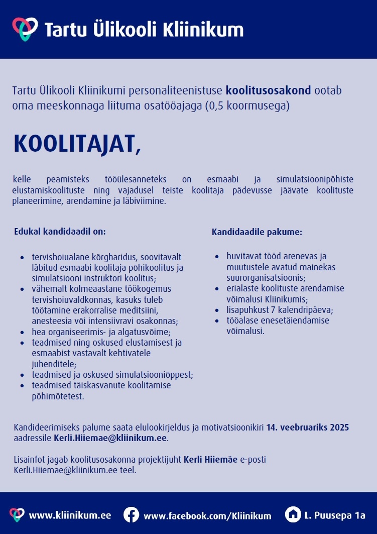 Tartu Ülikooli Kliinikum SA Koolitaja (elustamiskoolitused)