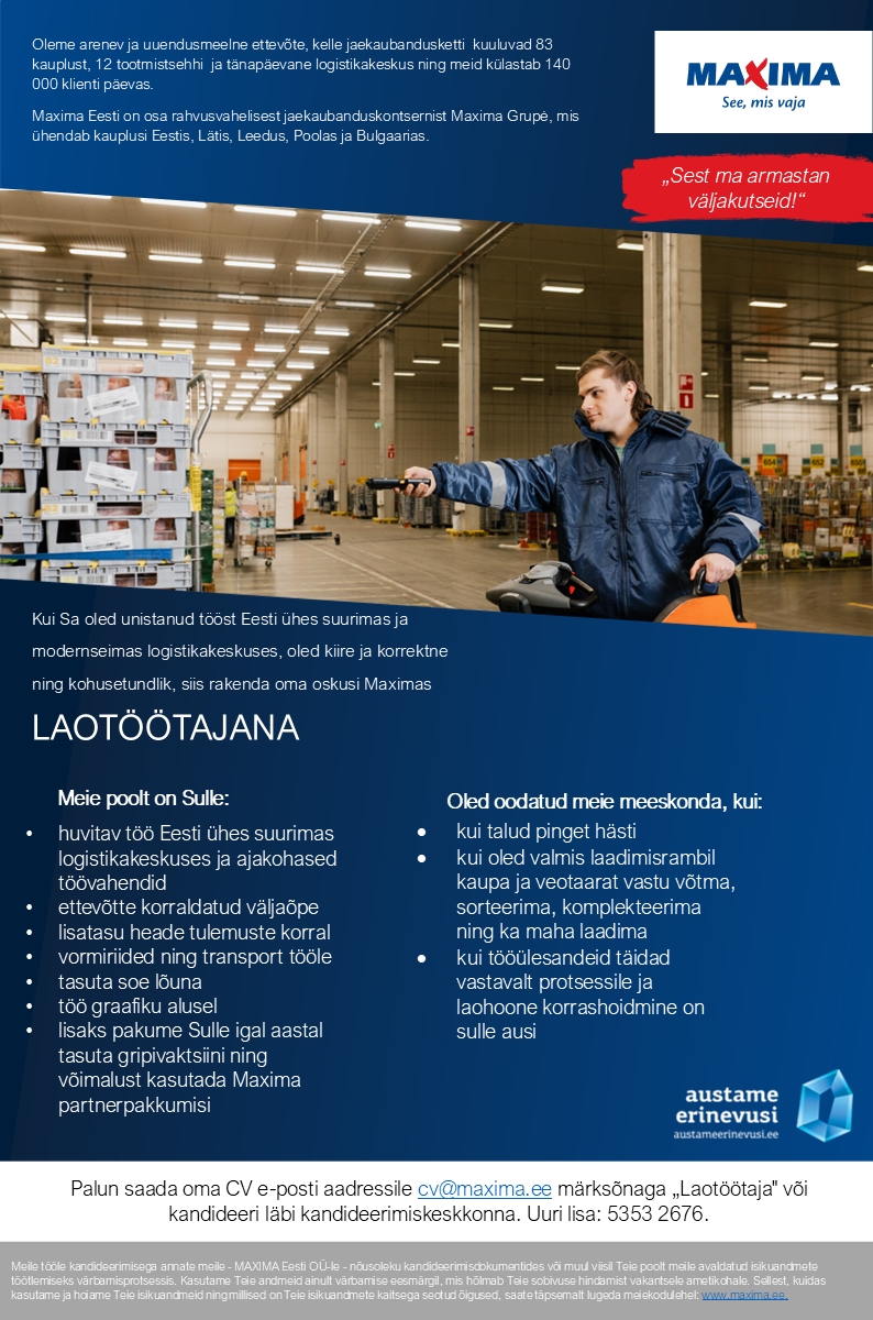 Maxima Eesti OÜ Laotöötaja Maxima Logistikakeskuses