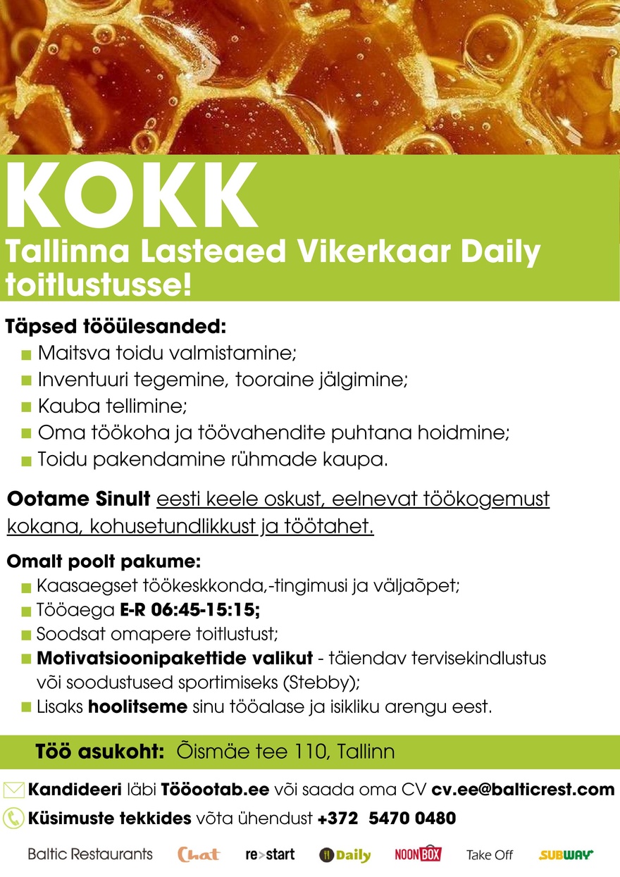 Baltic Restaurants Estonia KOKK Tallinna Lasteaed Vikerkaar Daily toitlustusse!