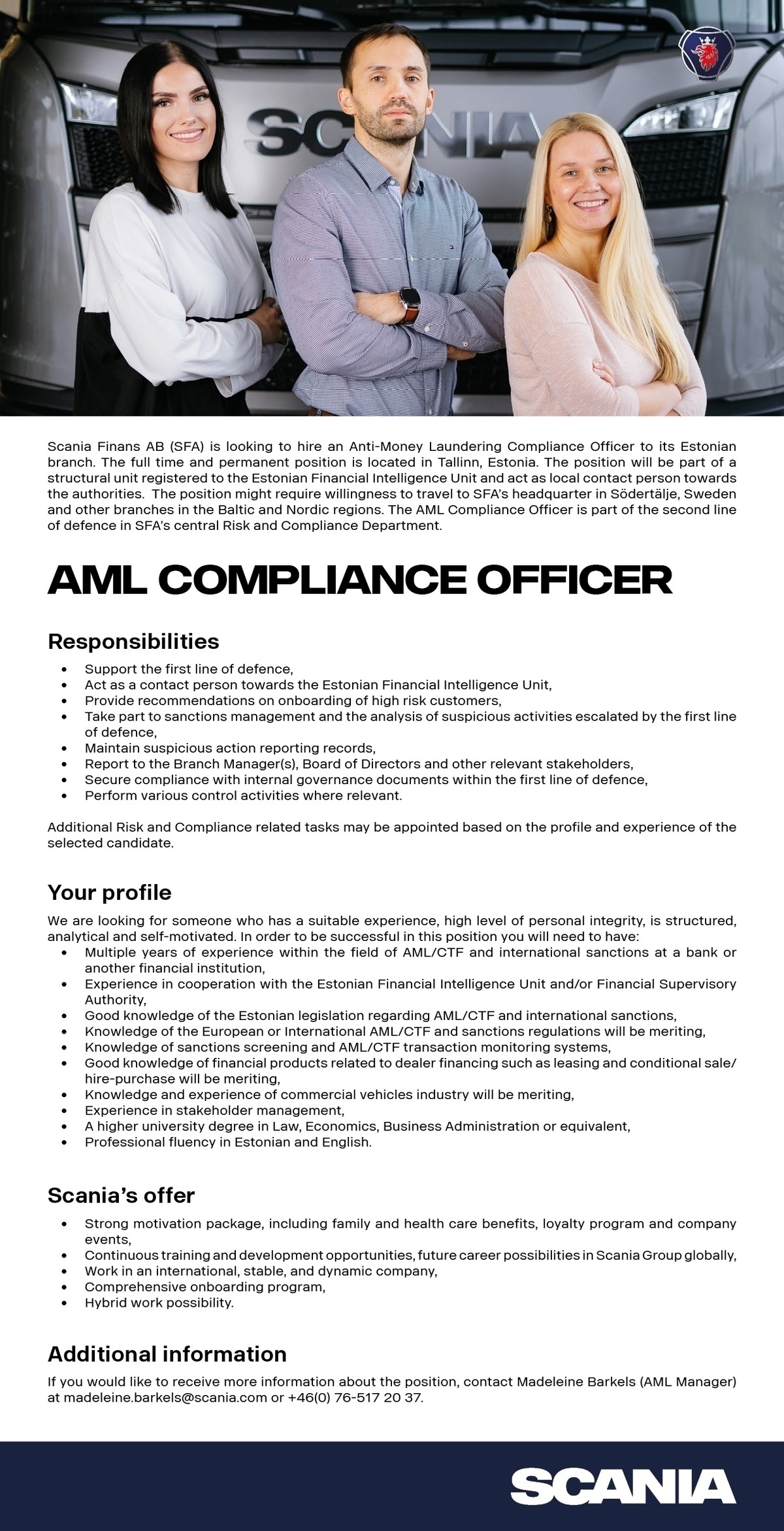 Scania Eesti AS AML Compliance Officer