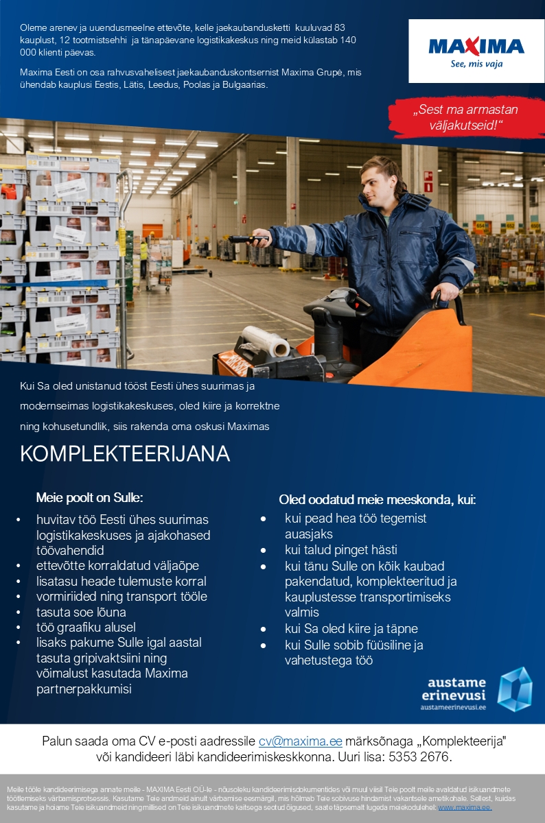 Maxima Eesti OÜ Komplekteerija Maxima Logistikakeskuses