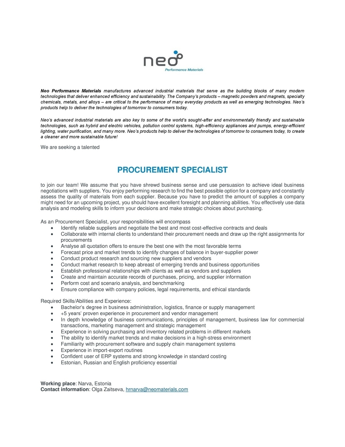 NPM Narva OÜ Procurement Specialist