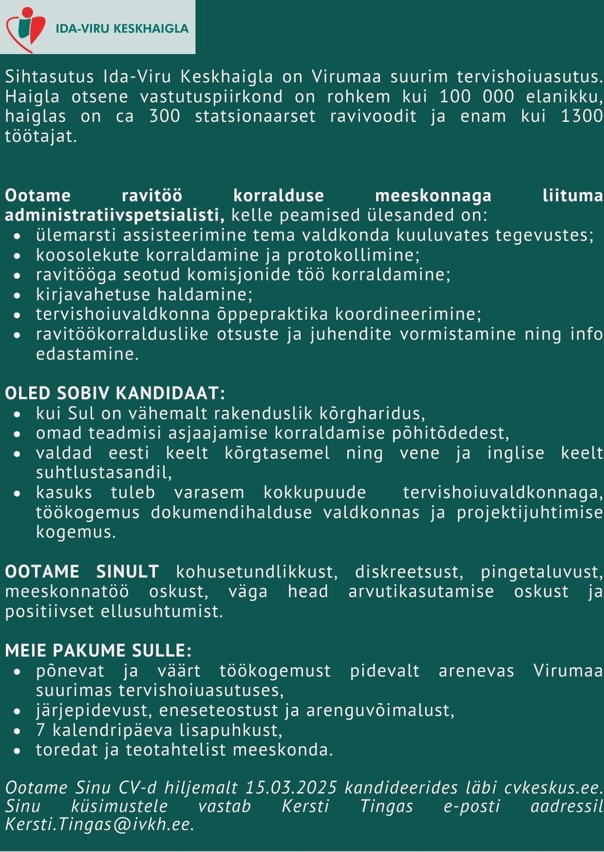 Ida-Viru Keskhaigla SA Administratiivspetsialist
