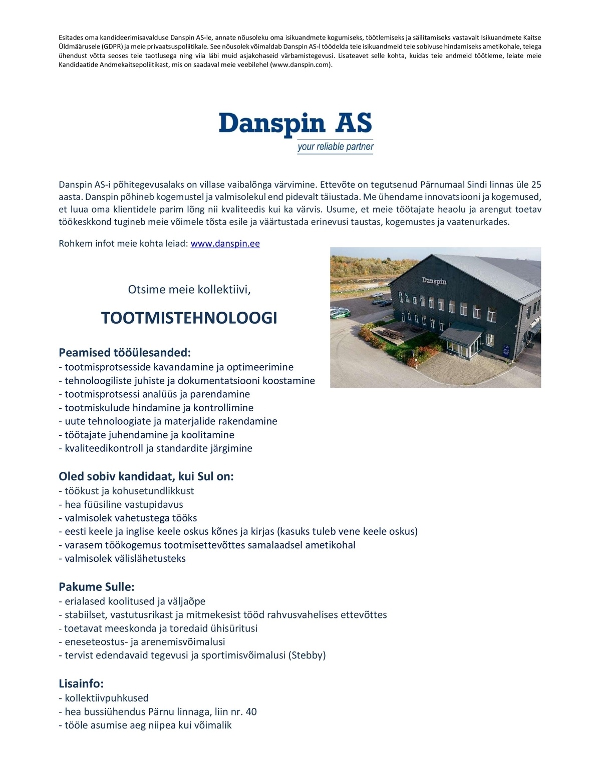 Danspin AS Tootmistehnoloog
