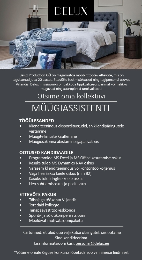 DELUX PRODUCTION OÜ MÜÜGIASSISTENT