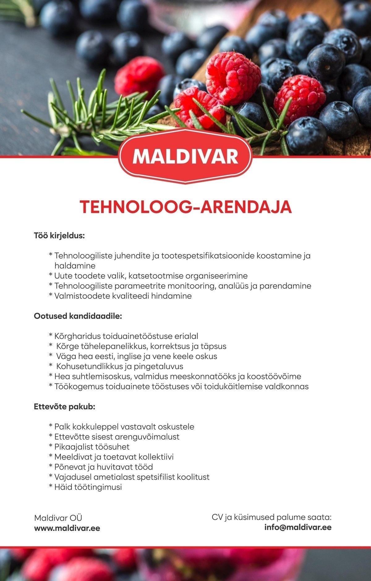 MALDIVAR OÜ Tehnoloog- Arendaja