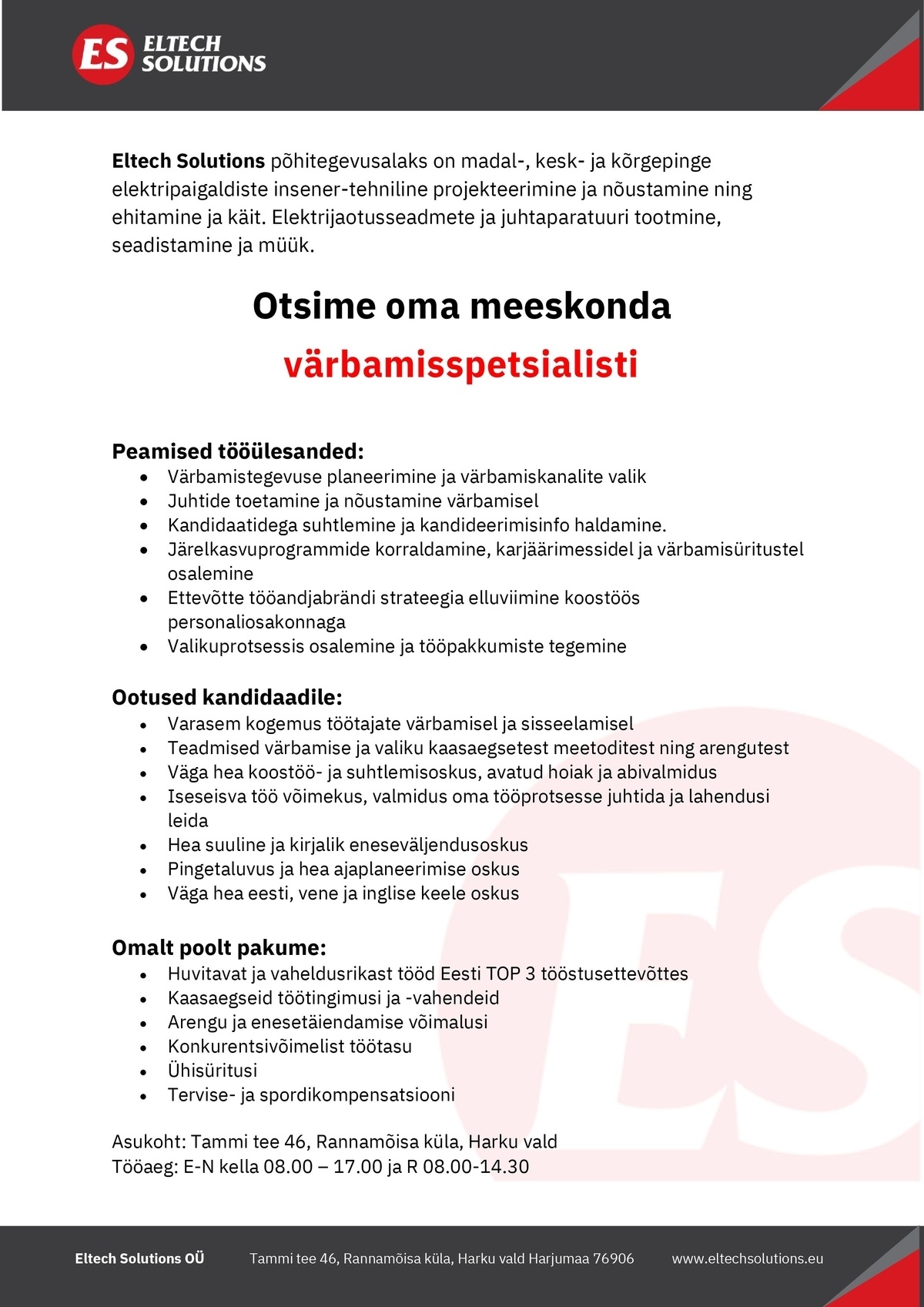 Eltech Solutions OÜ Värbamisspetsialist