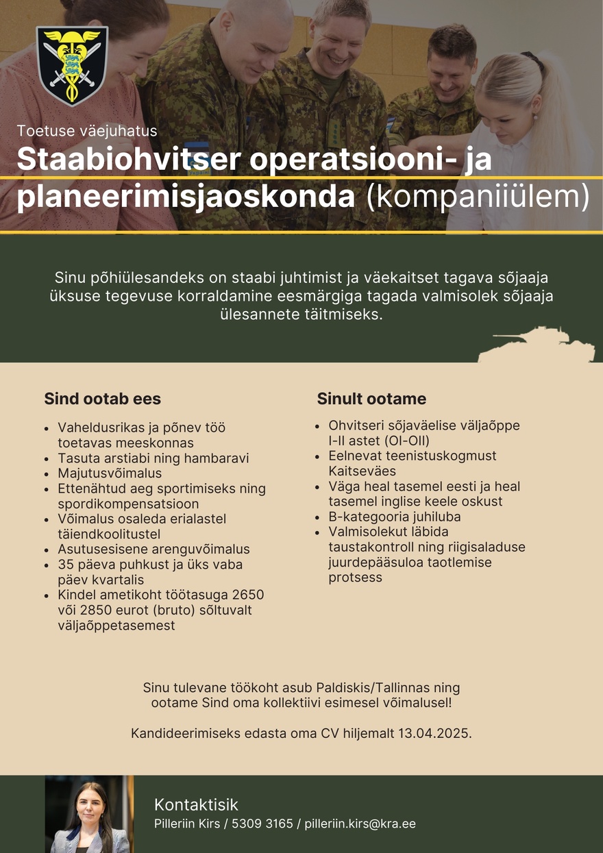 Toetuse väejuhatus Staabiohvitser operatsiooni- ja planeerimisjaoskonda (kompaniiülem)