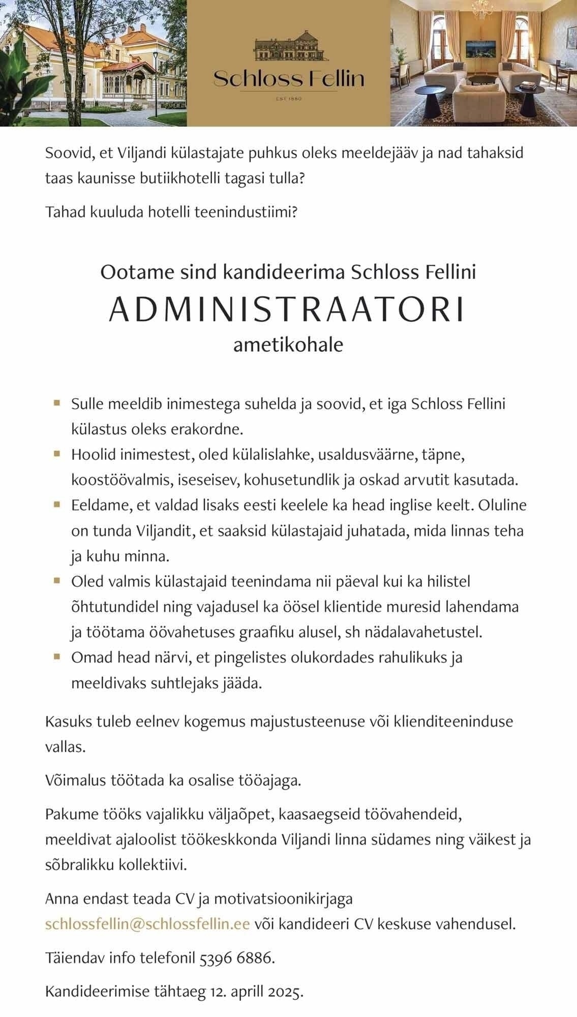 Schlossfellin OÜ Hotelli administraator