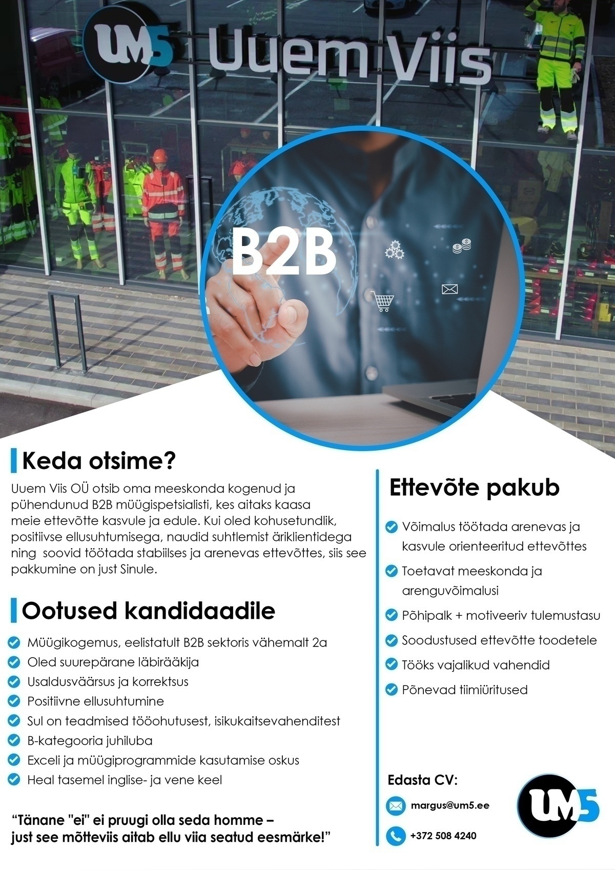 Uuem Viis OÜ Tööriiete ja isikukaitsevahendite B2B müügispetsialist