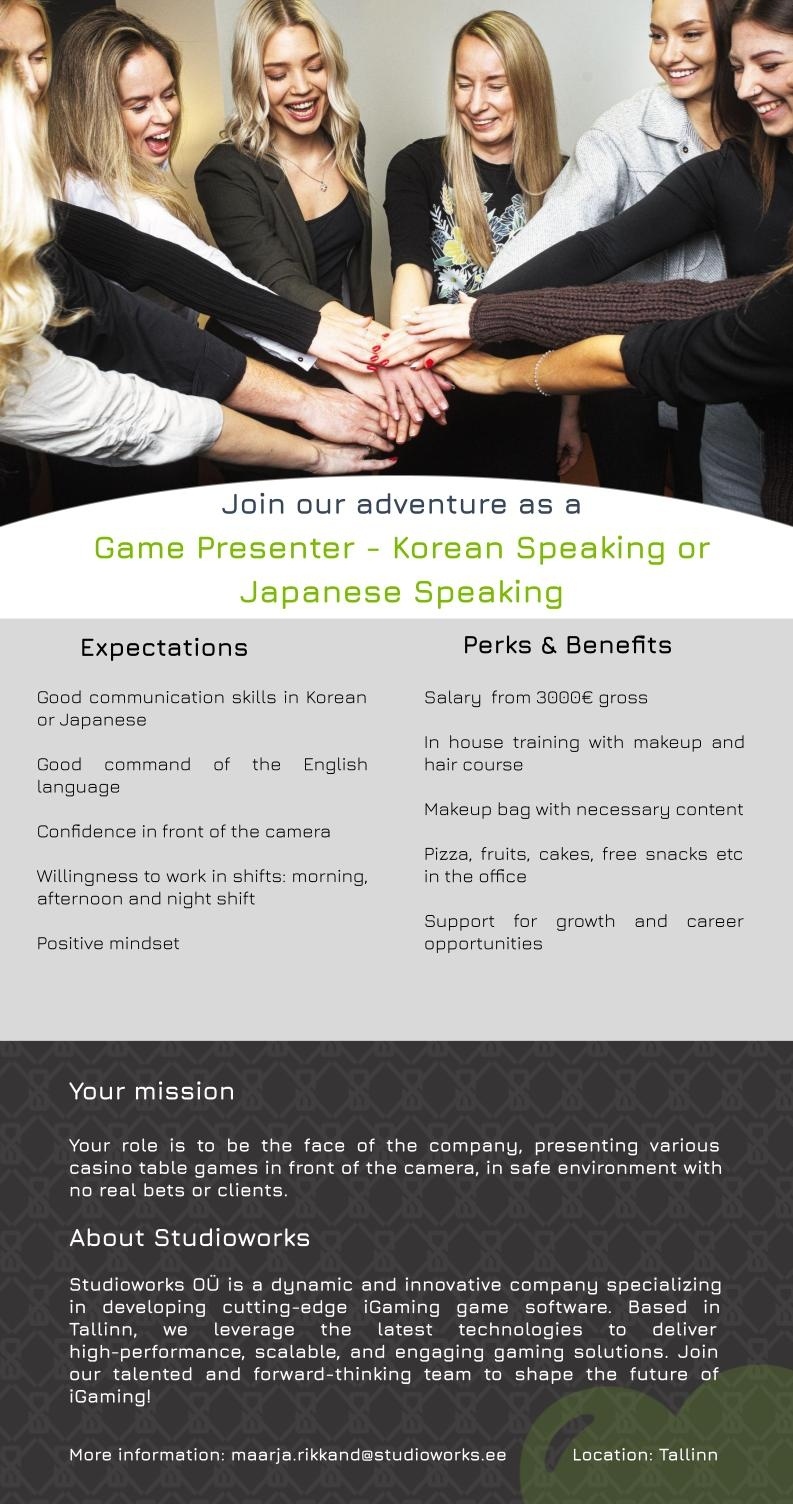 Studioworks OÜ Game Presenter - Korean Speaking or Japanese Speaking
