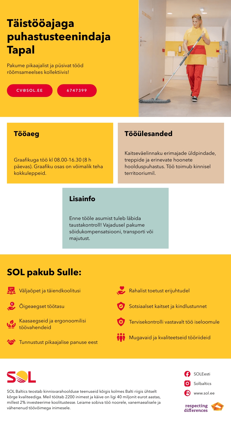 SOL Baltics OÜ Täistööajaga puhastusteenindaja Tapal