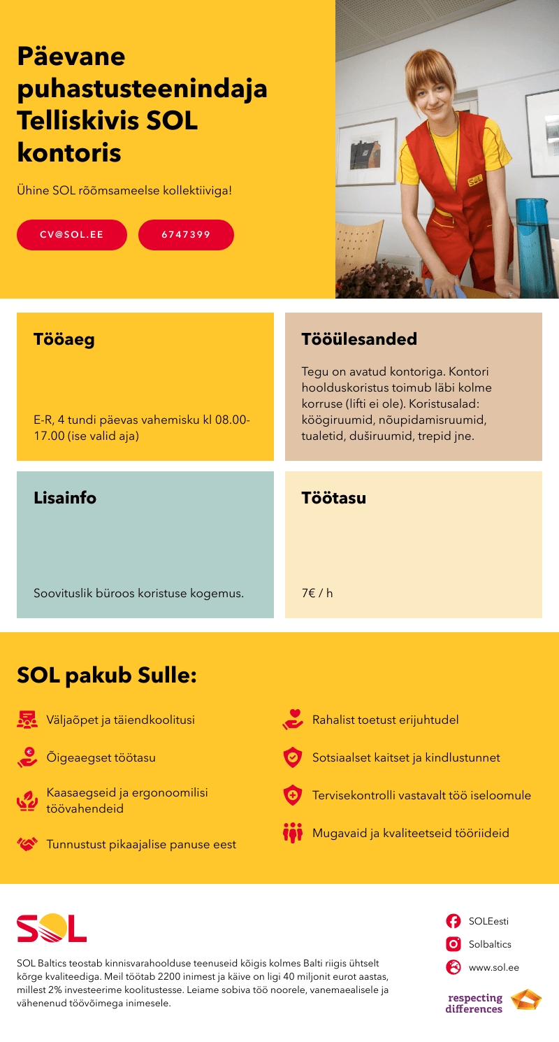 SOL Baltics OÜ Päevane puhastusteenindaja Telliskivis SOL kontoris