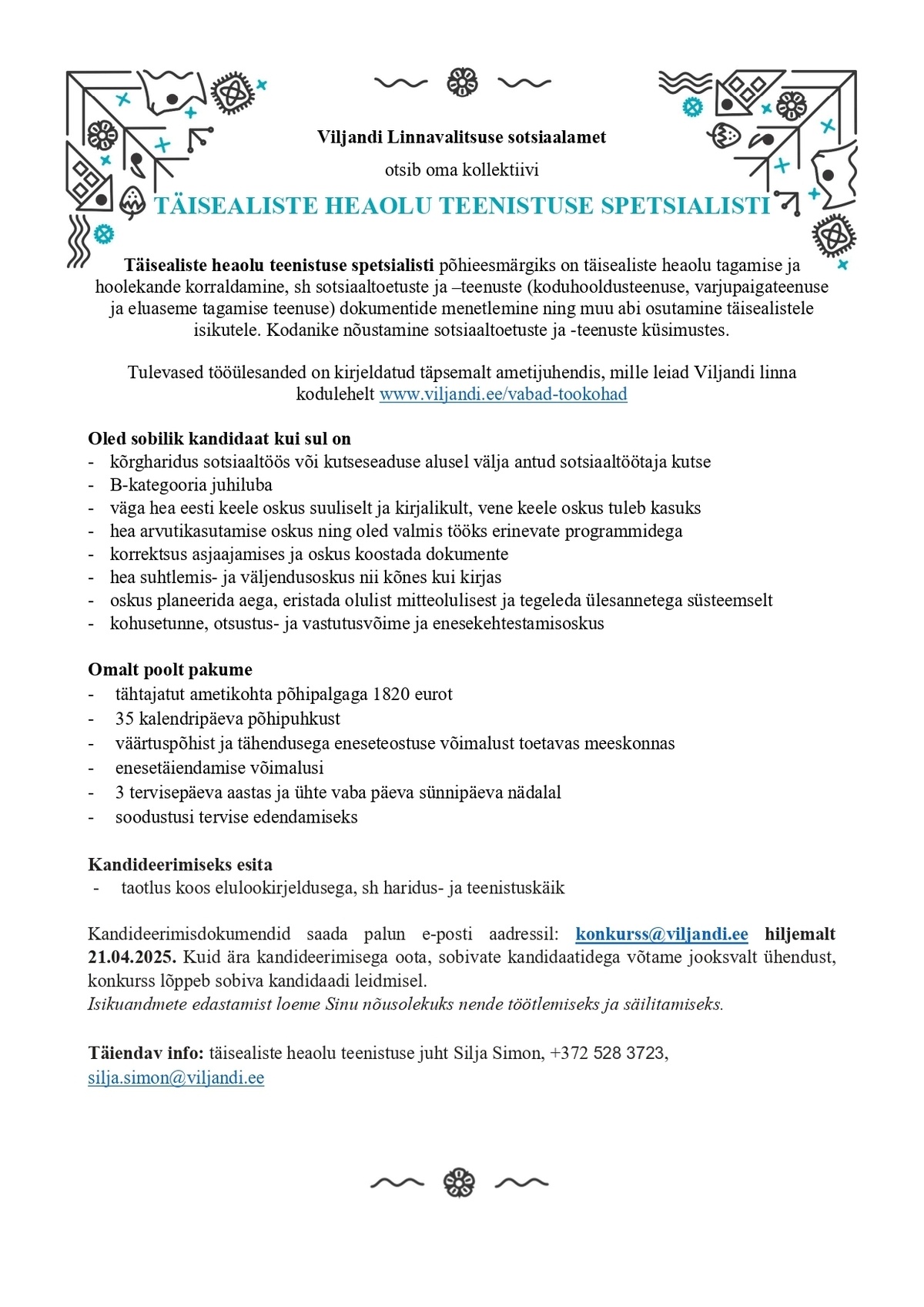 Viljandi Linnavalitsus Täisealiste heaolu teenistuse spetsialist