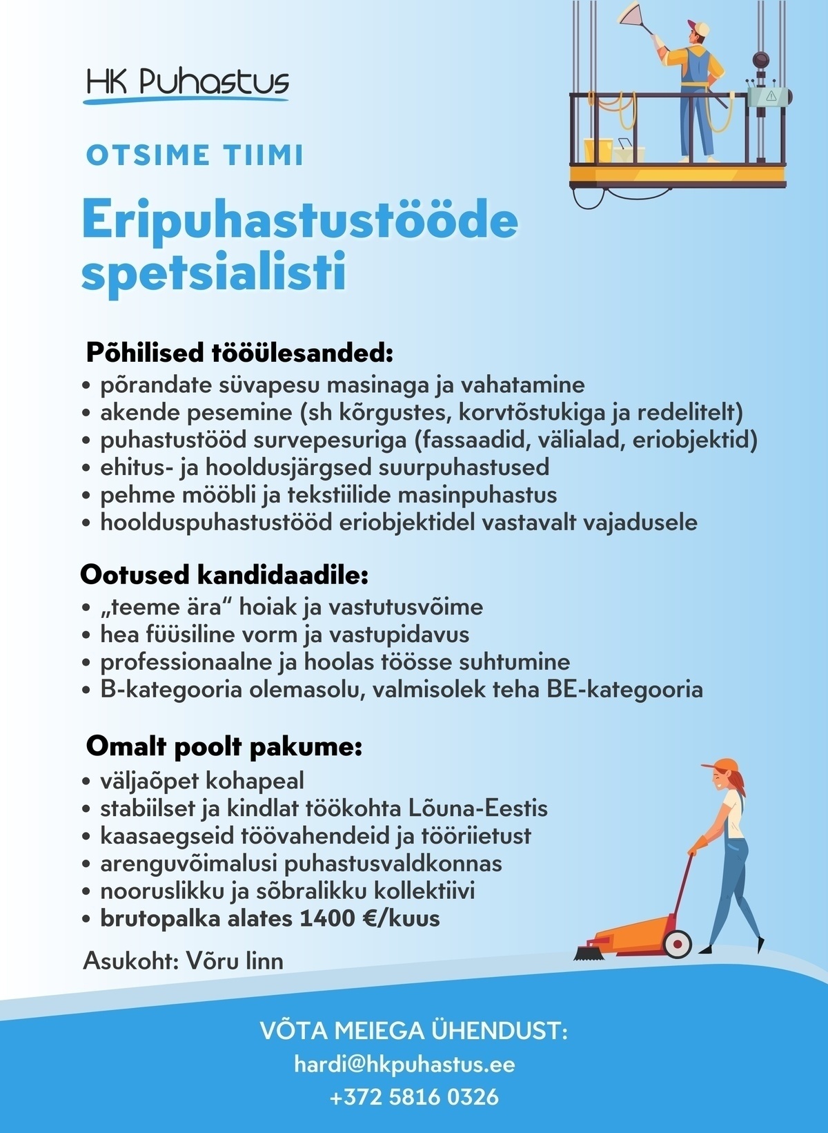 HK Puhastus OÜ Eripuhastustööde spetsialist