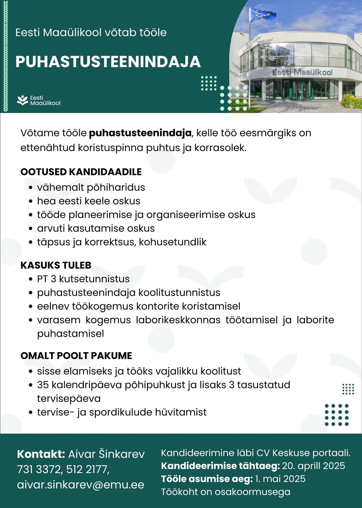 Eesti Maaülikool Puhastusteenindaja