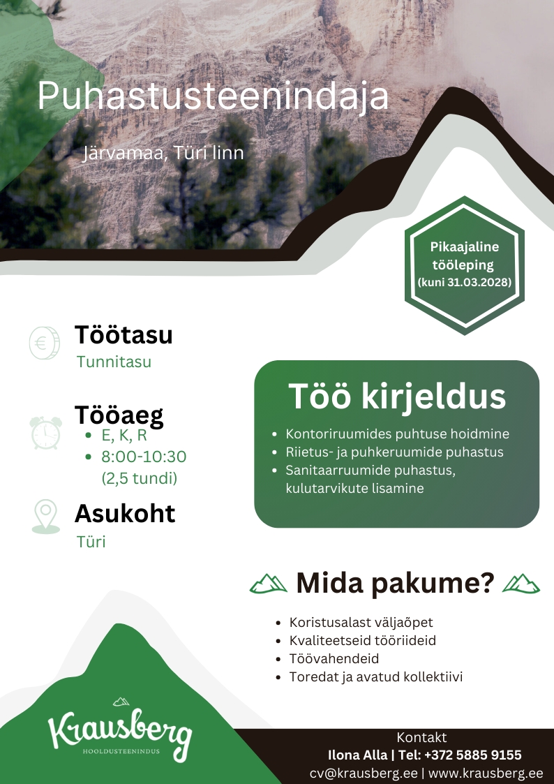 Krausberg Eesti OÜ Puhastusteenindaja (Türi, osaline koormus, kontoriruumid)