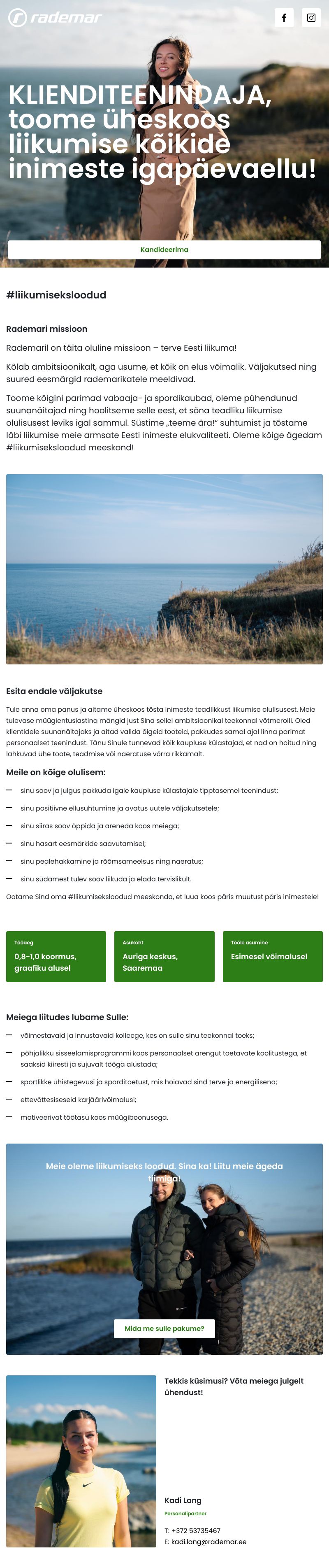 Rademar OÜ Klienditeenindaja, tule liitu meie kokkuhoidva Auriga tiimiga!