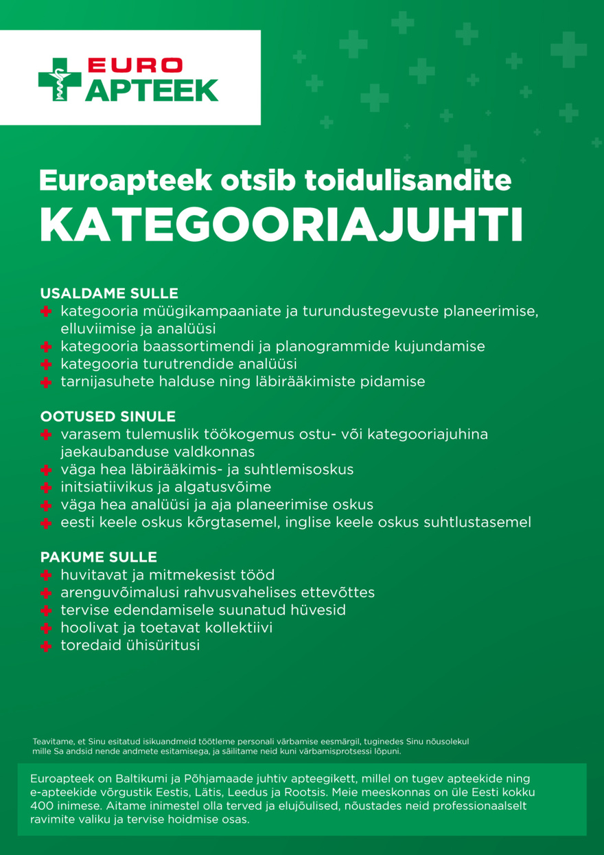 Euroapteek OÜ Kategooriajuht - toidulisandid
