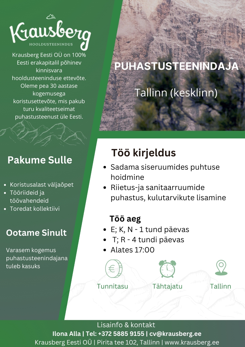Krausberg Eesti OÜ Puhastusteenindaja (Kesklinn, osaline tööaeg, õhtune aeg)