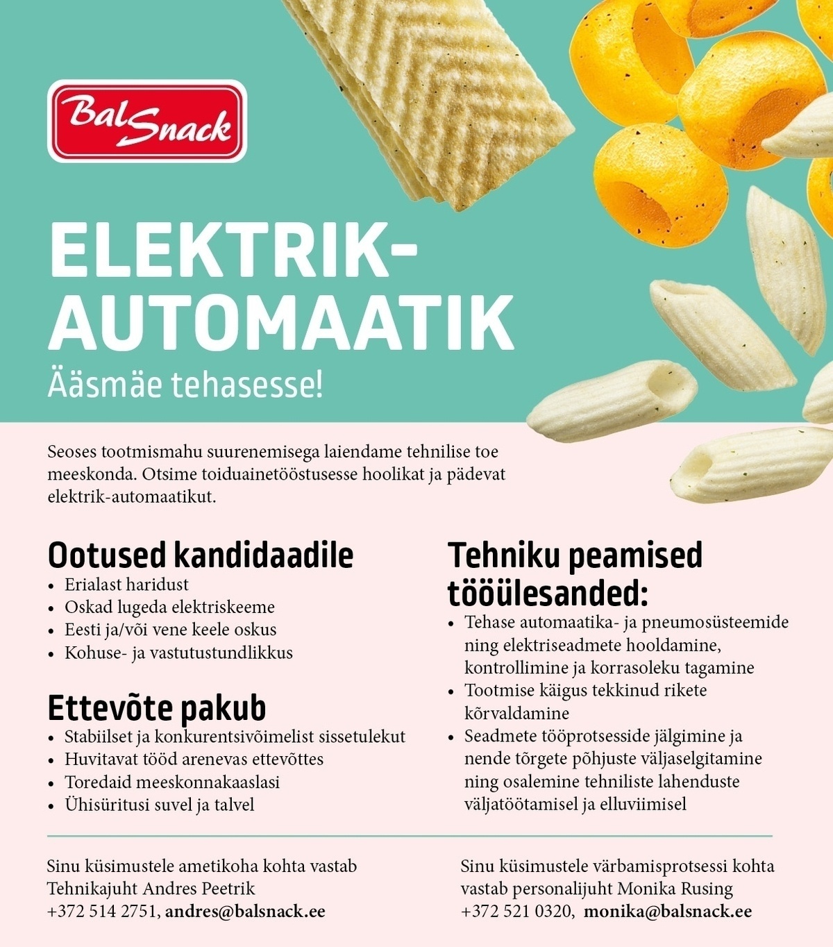 Balsnack International Holding AS Elektrik-automaatik Ääsmäe tehasesse!