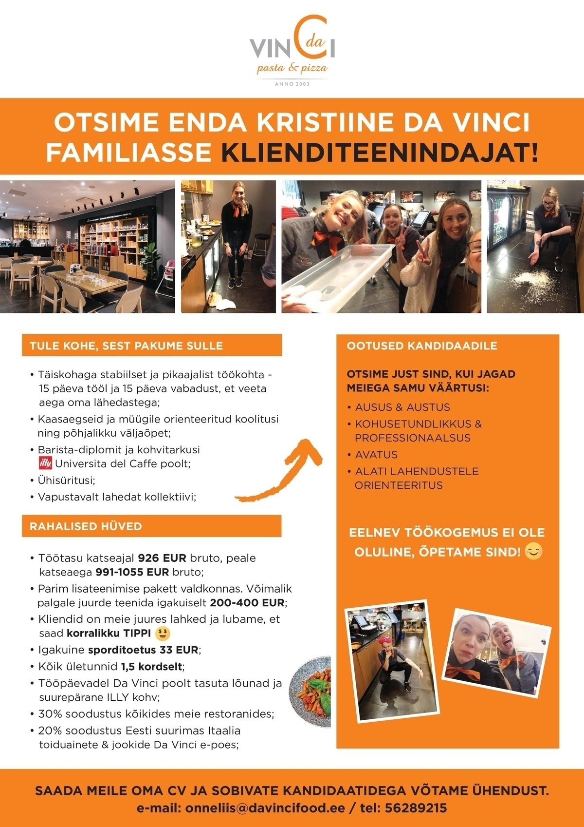 DA VINCI RESTORANID OÜ KLIENDITEENINDAJA (KRISTIINE DA VINCI RESTORAN)