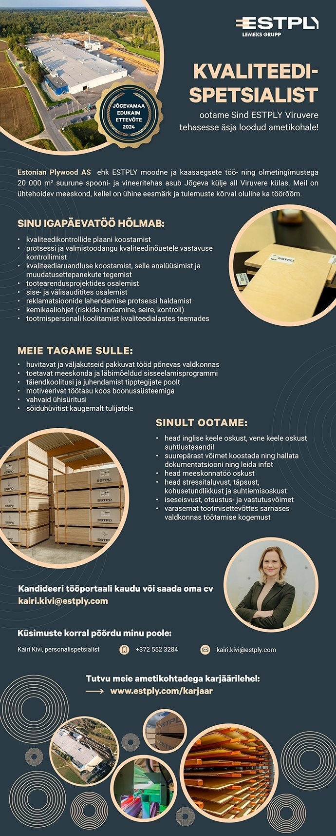 ESTONIAN PLYWOOD AS Kvaliteedispetsialist